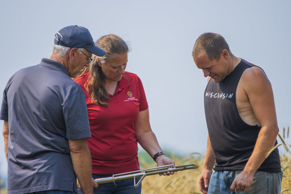 A UW Extension Crops & Soils educator showing two men a soil probe in a field.