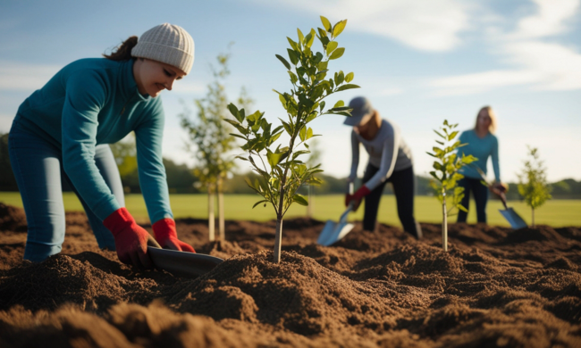 Three women planting trees