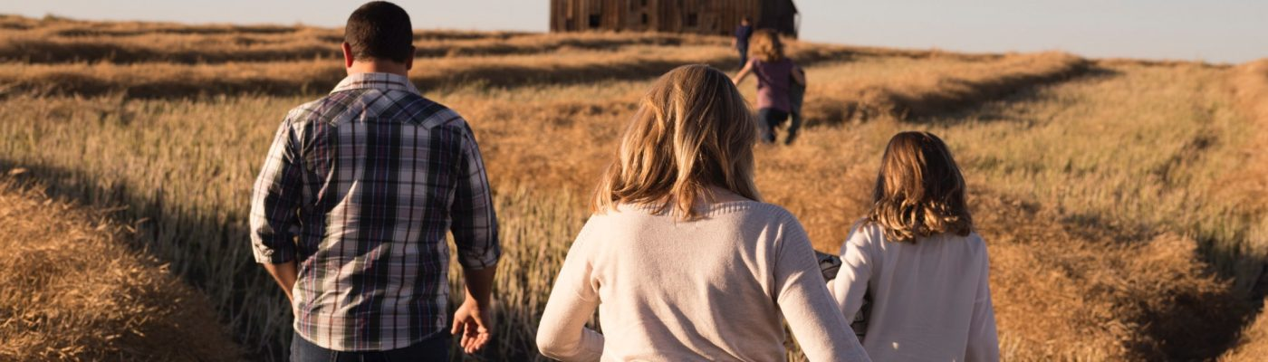 Kids running through a golden colored field.
